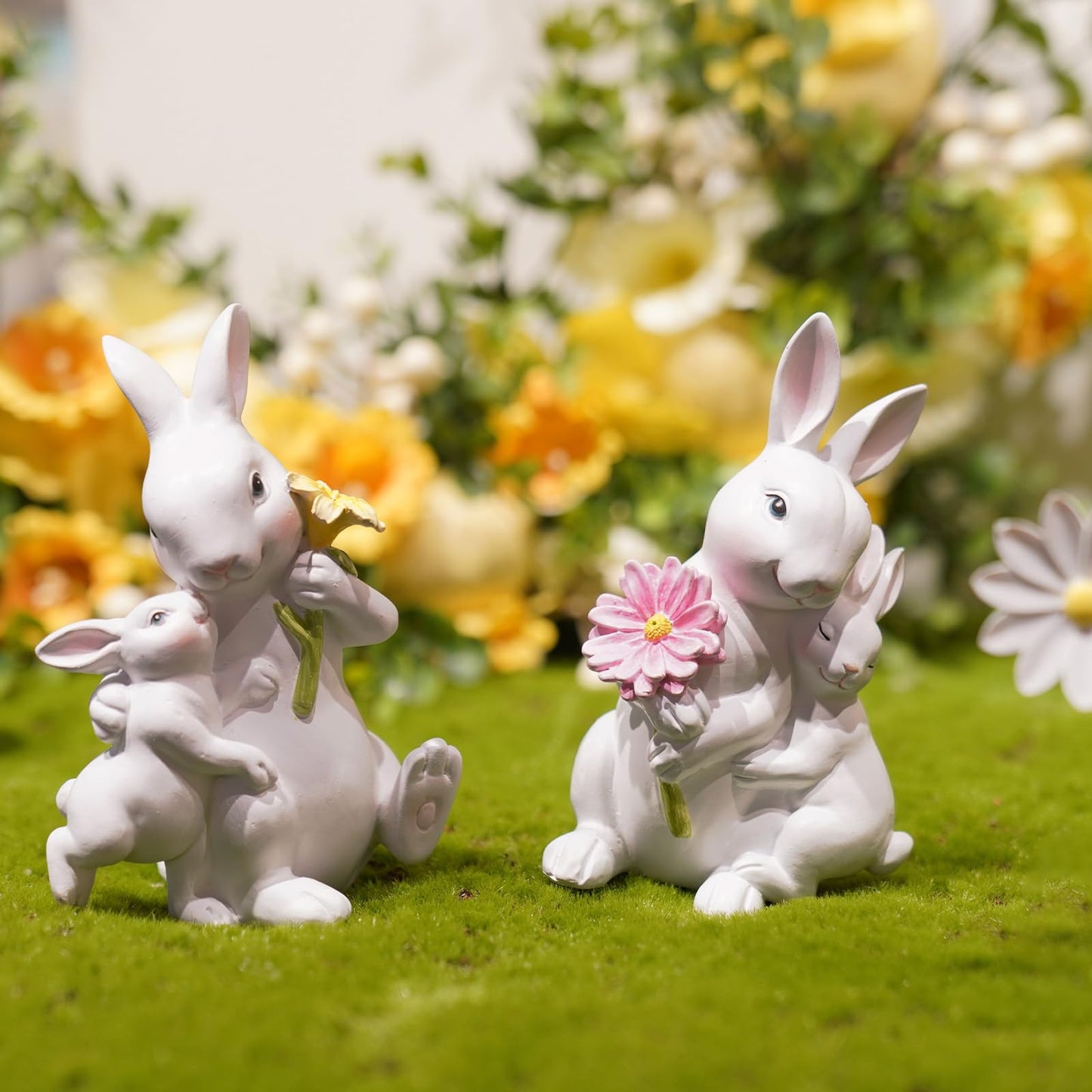 Braxio Easter Bunny Family Figurine Decoration - Bunny Collectible Figurines for Easter Decoration/Spring/Wedding Set of 2