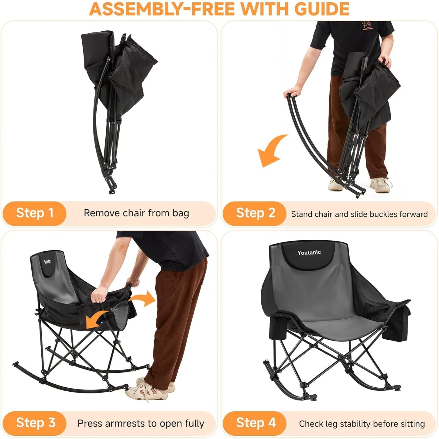 Youtanic Oversized Folding Rocking Camping Chair - Padded Portable Design with Cup Holder & Pockets | Heavy Duty Up to 400lbs, Gray