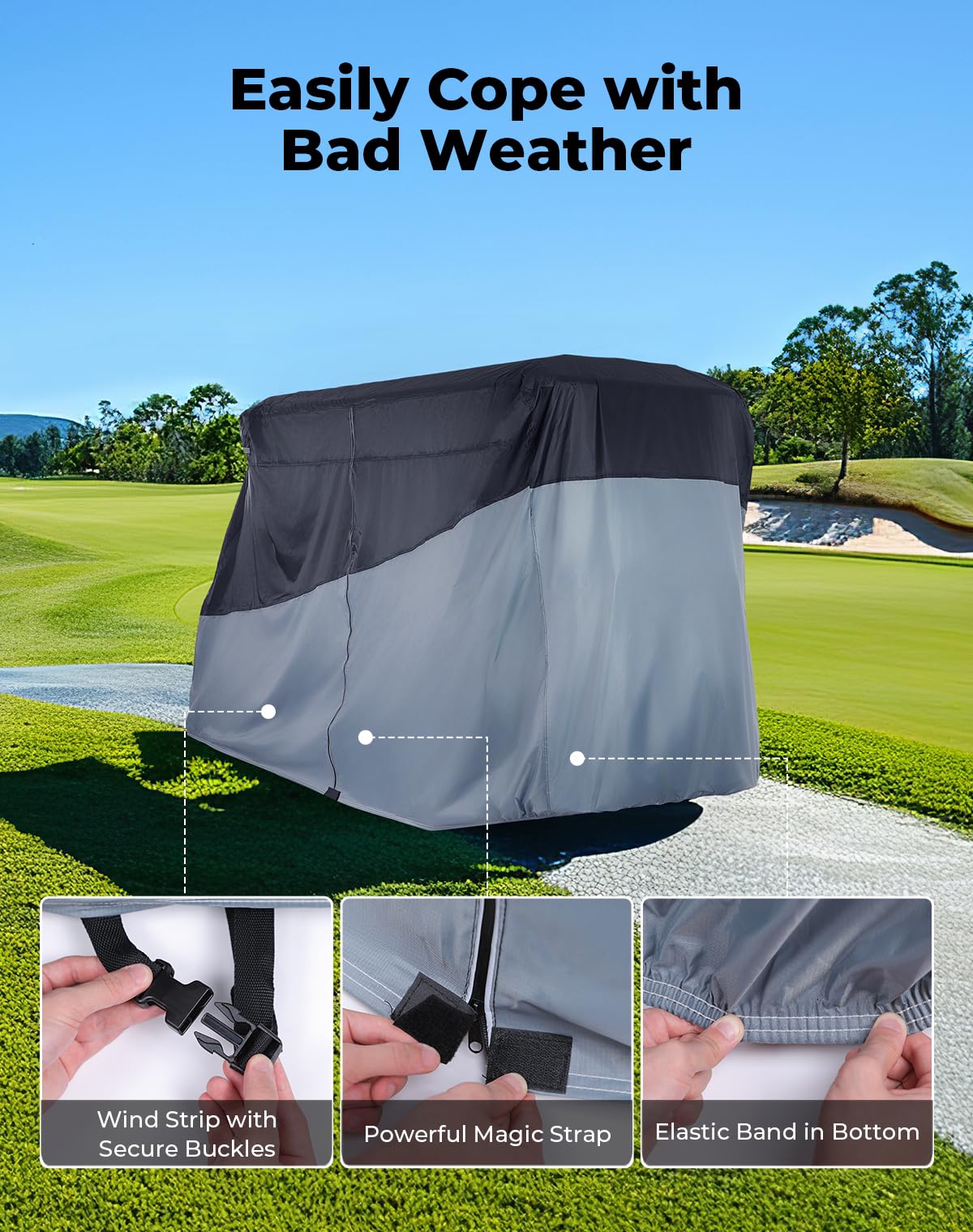 KEMIMOTO Golf Cart Cover 2 Seater, Universal 600D Waterproof Golf Cart Rain Cover with Storage Bag Compatible with EZGO Club Car 2 Passenger, Gray