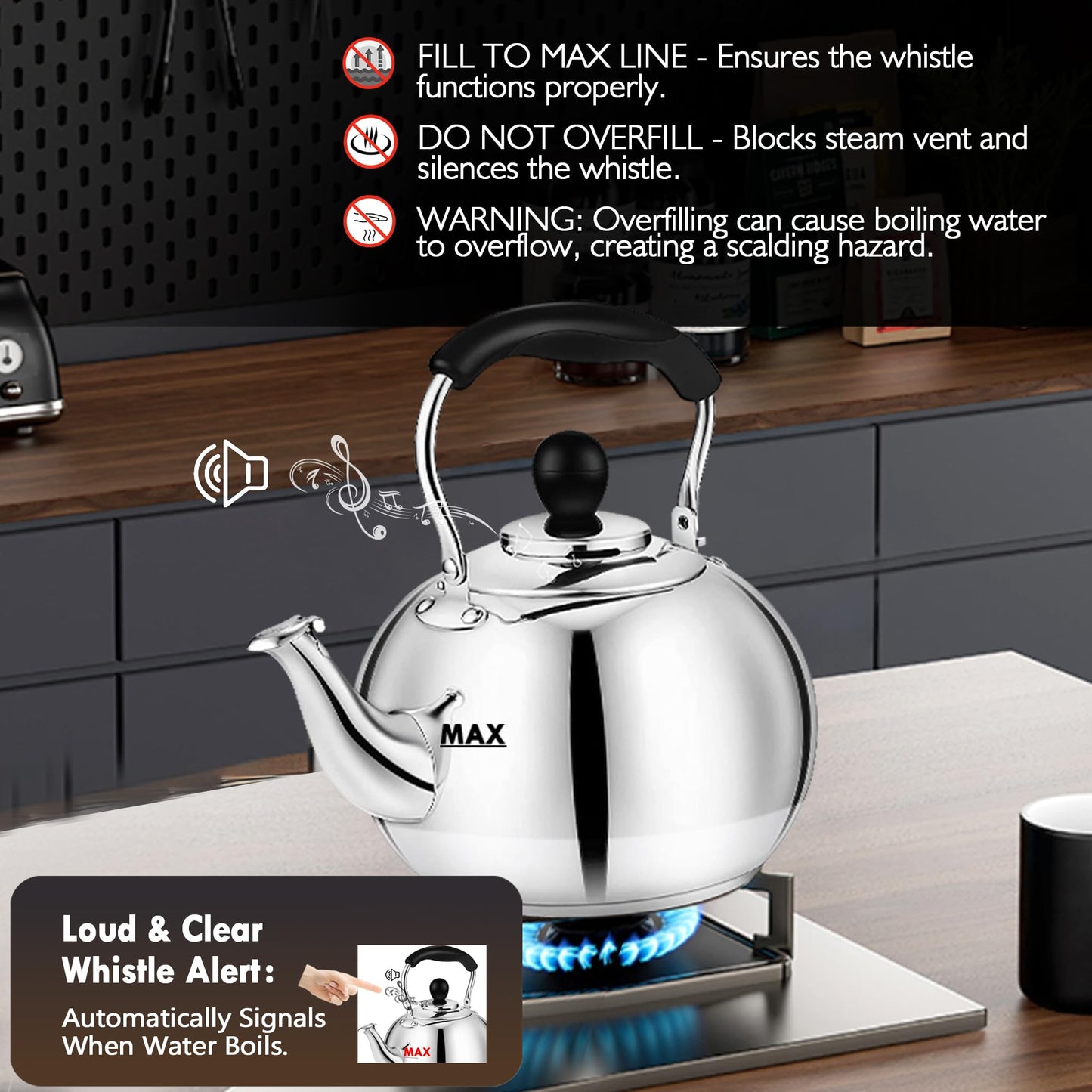 Stovetop Tea Kettle with Whistle - 2.0 Quart 18/8 Stainless Steel Tea Pot for Gas Stove & Electric Coil Stovetop, Food-Safe, Easy-Pour Spout, Mirror Polished Classic Water Kettle
