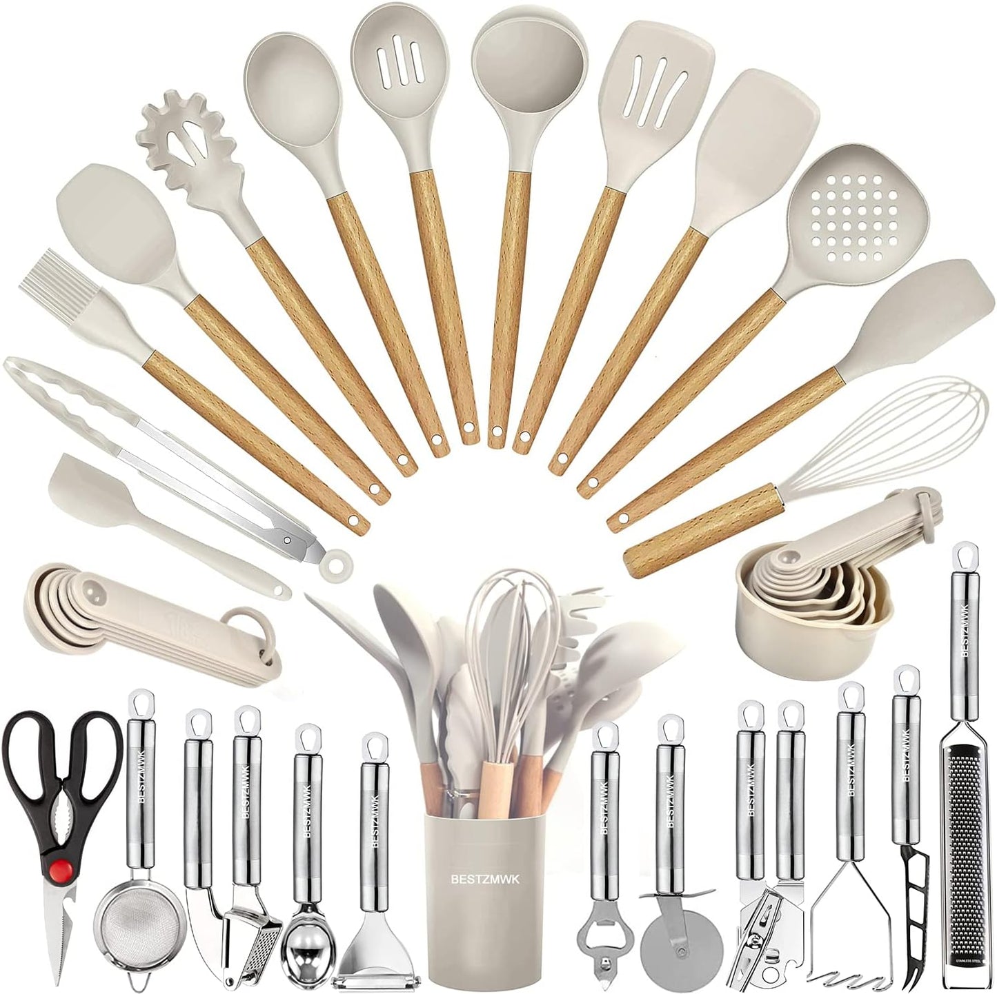 Skiennix Kitchen Utensils Set - 35-Piece Heat-Resistant Silicone & Wooden Cooking Tools for Nonstick Cookware
