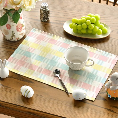 Artoid Mode Blue Pink Yellow Buffalo Plaid Placemats Set of 4, 12x18 Inch Seasonal Easter Table Mats for Party Kitchen Dining Decoration