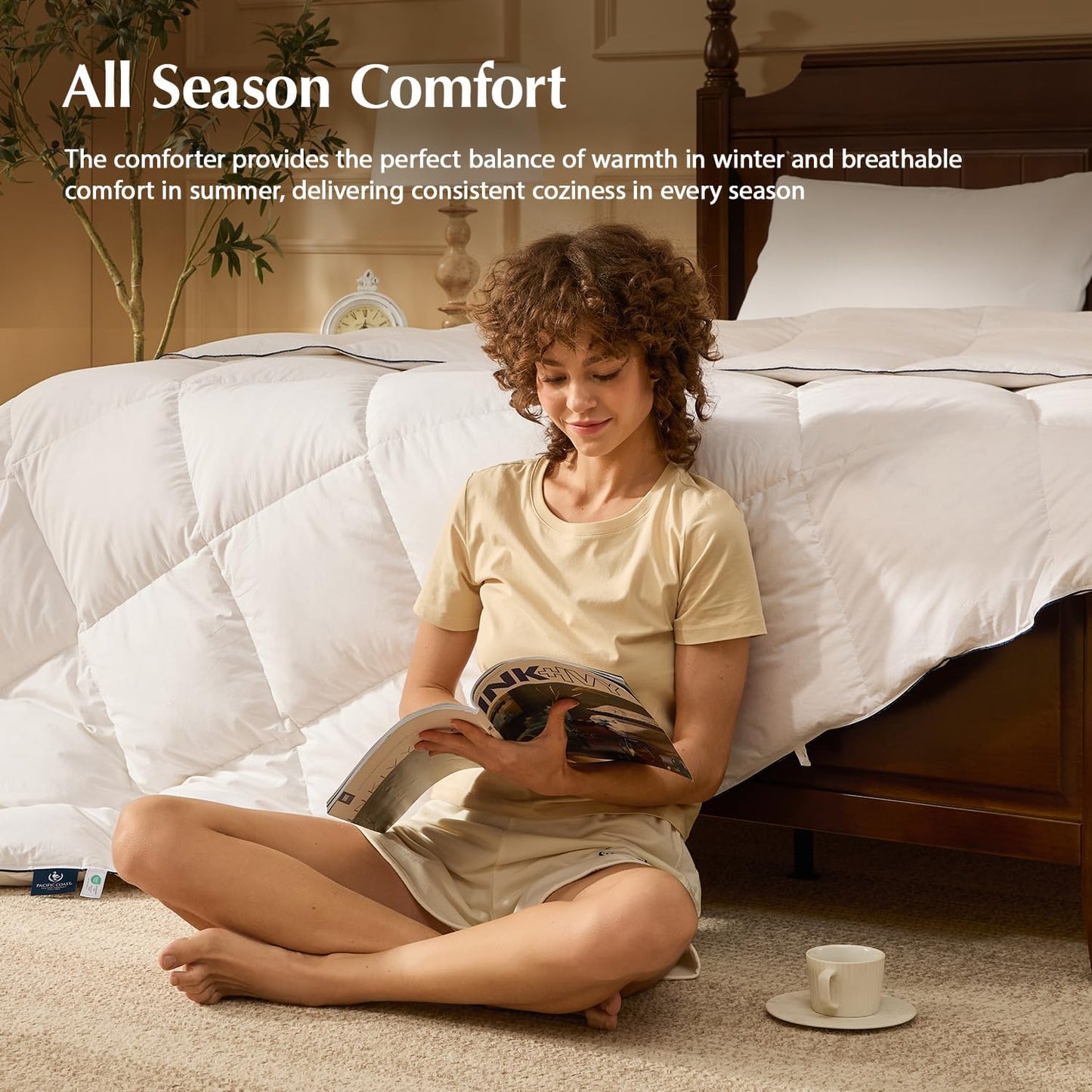 Pacific Coast | Goose Feather Down Comforter - Extra Fluffy White Duvet Insert, All-Season Luxury Bedding (Queen Size, 90"x90")