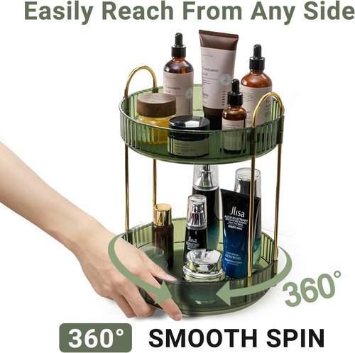 Asayuee 360° Rotating Makeup Organizer - Large Capacity Skincare & Perfume Storage | Green 2-Tier Design