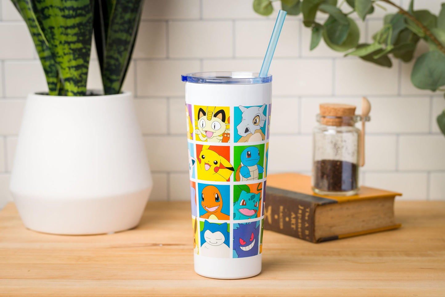 Silver Buffalo Pokemon Pikachu, Snorlax, Charmander, Squirtle, Bulbasaur, Eevee, Gengar, Togepi, Magikarp, Psyduck, Jigglypuff, Meowth, Mew Double Walled Stainless Steel Tumbler with Straw, 22 Ounces