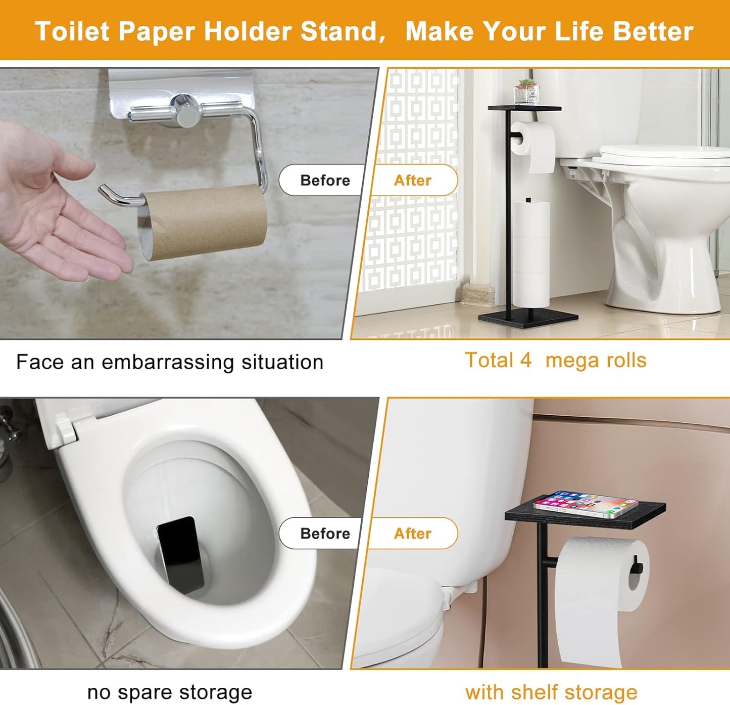 Skiennix Free Standing Toilet Paper Holder - Black Bathroom Tissue Dispenser with Storage Shelf