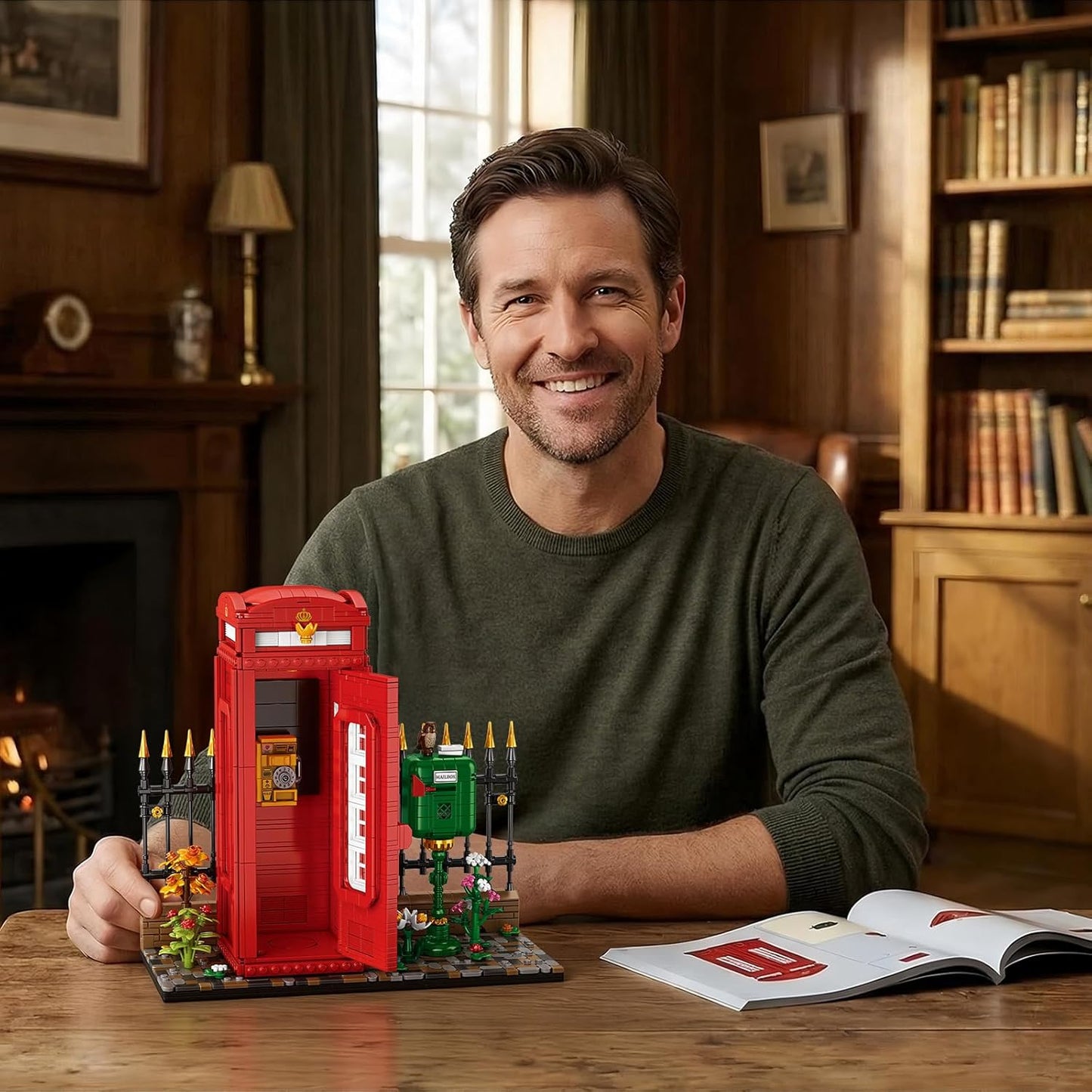 Reobrix Building Block Set - London Landmark Red Telephone Booth Model with LED Lights | 1707 PCS Retro Decor