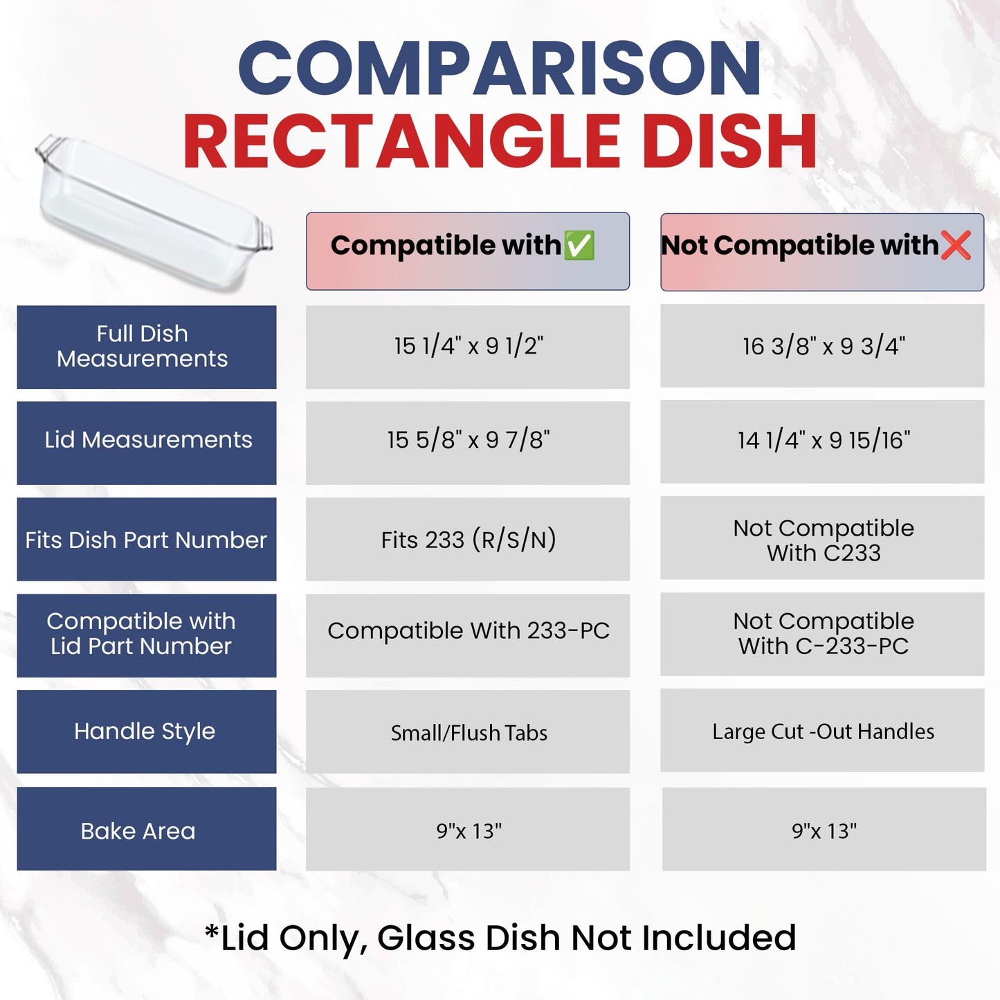 Replacement Lid fits Pyrex 9x13 233 Glass Casserole Baking Dish Container with Tab Handles, for 3-Quart Model 233-PC (Navy)