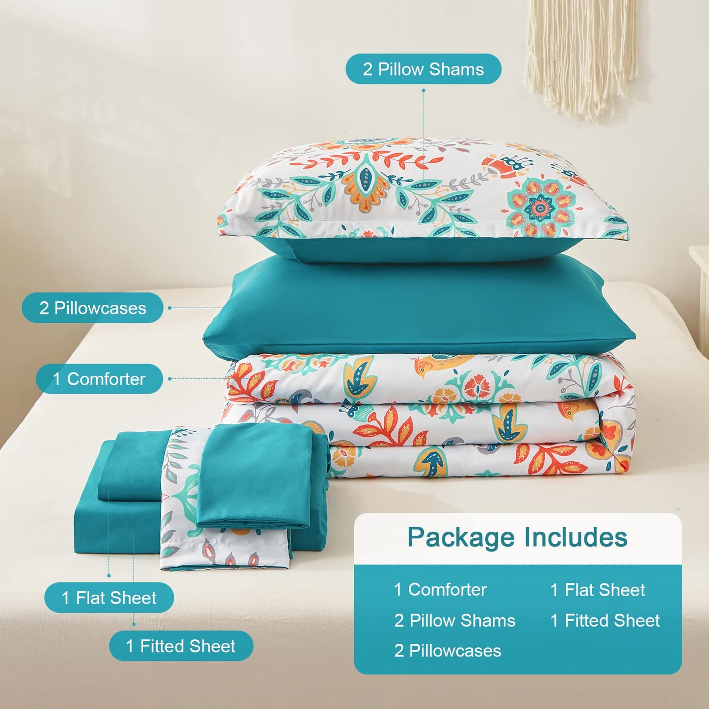 DHSFKBE Boho Comforter Set King - 7 Pieces Bed in a Bag Floral Medallions Design, Bohemian Comforter Set with Sheets, Soft Microfiber Complete Bedding Sets All Season (Teal Blue, King)