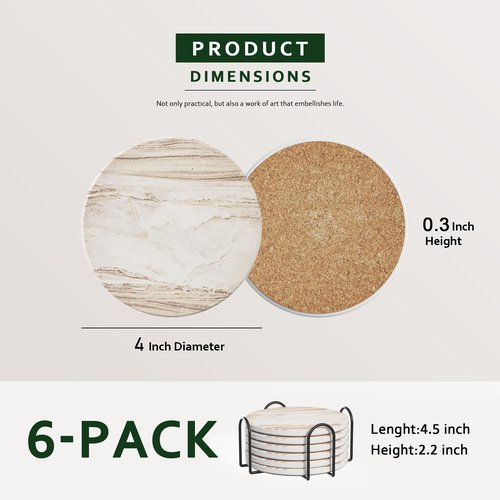 Coasters Set of 6 for Drinks, Beer, Coffee, Coasters for Drinks Absorbent Stone with Holder, Marble Style Ceramic Drink Coaster for Tabletop Protection and Home Decor, Suitable for Kinds of Cups