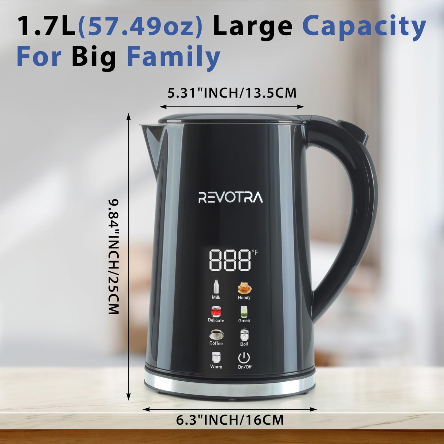 1.7L Electric Kettle, Stainless Steel Interior, 1500 Watt, Fast Boiling Water Boiler, LED Display, Temperature Control, Keep Warm, Auto Shut-Off, Boil-Dry Protection, Double Wall
