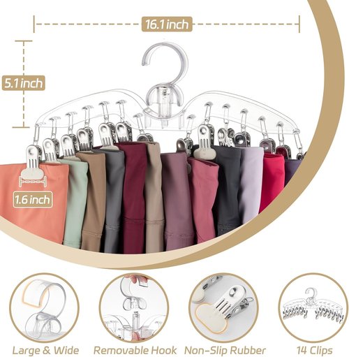 Imncya Legging Hanger - 2 Pack Plastic Yoga Pants Organizer with 14 Clips | Space-Saving Storage (Large Clear)