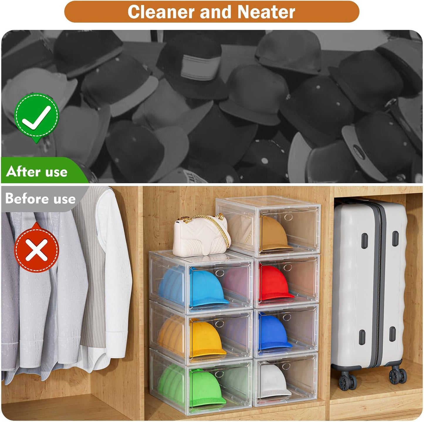 YKLSLH Hat Organizer Box - Durable Clear Storage for 40 Hats | Magnetic Door, 6-Box Set