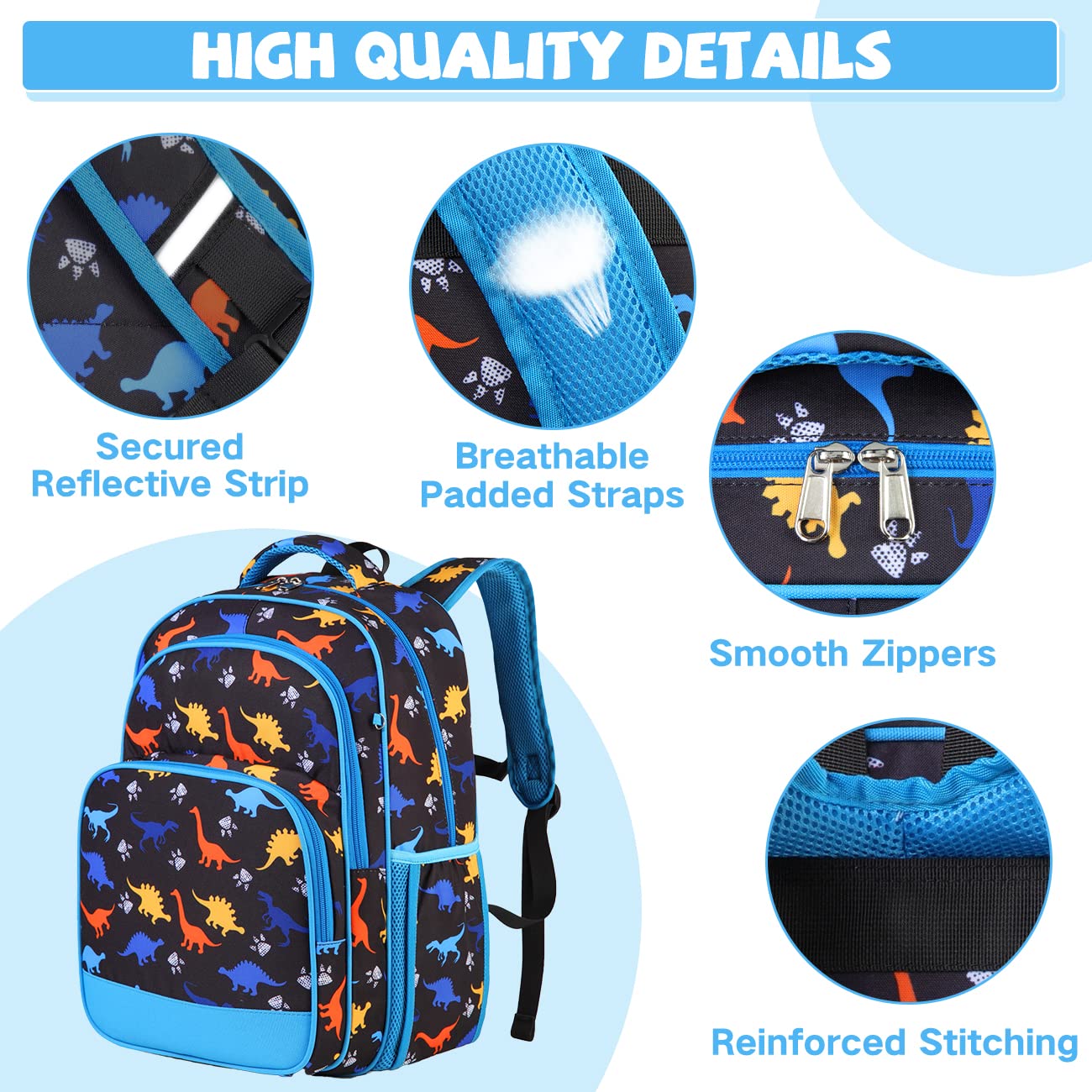 VASCHY Kids School Backpack Lunch Box Bag Pencil Case Combo, Children BookBag Schoolbag Set for Preschool/Kindergarten/Elementry School Supplies Boys Girls Black Dinosaurs