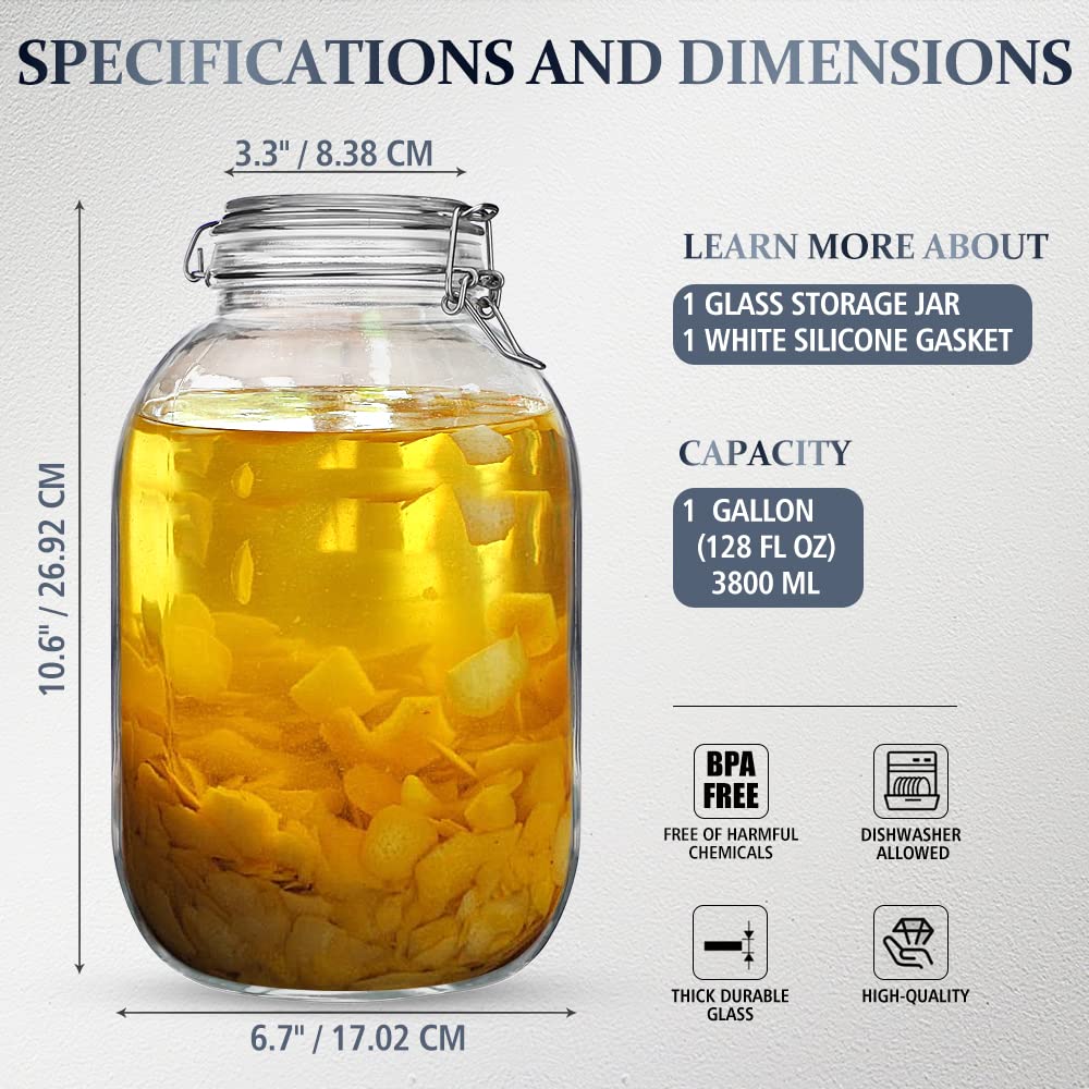 Folinstall Gallon Glass Jar with Airtight Lid - Large Mason Jar for Pickled Eggs, Kombucha, Limoncello, Sun Tea (Extra Gasket)