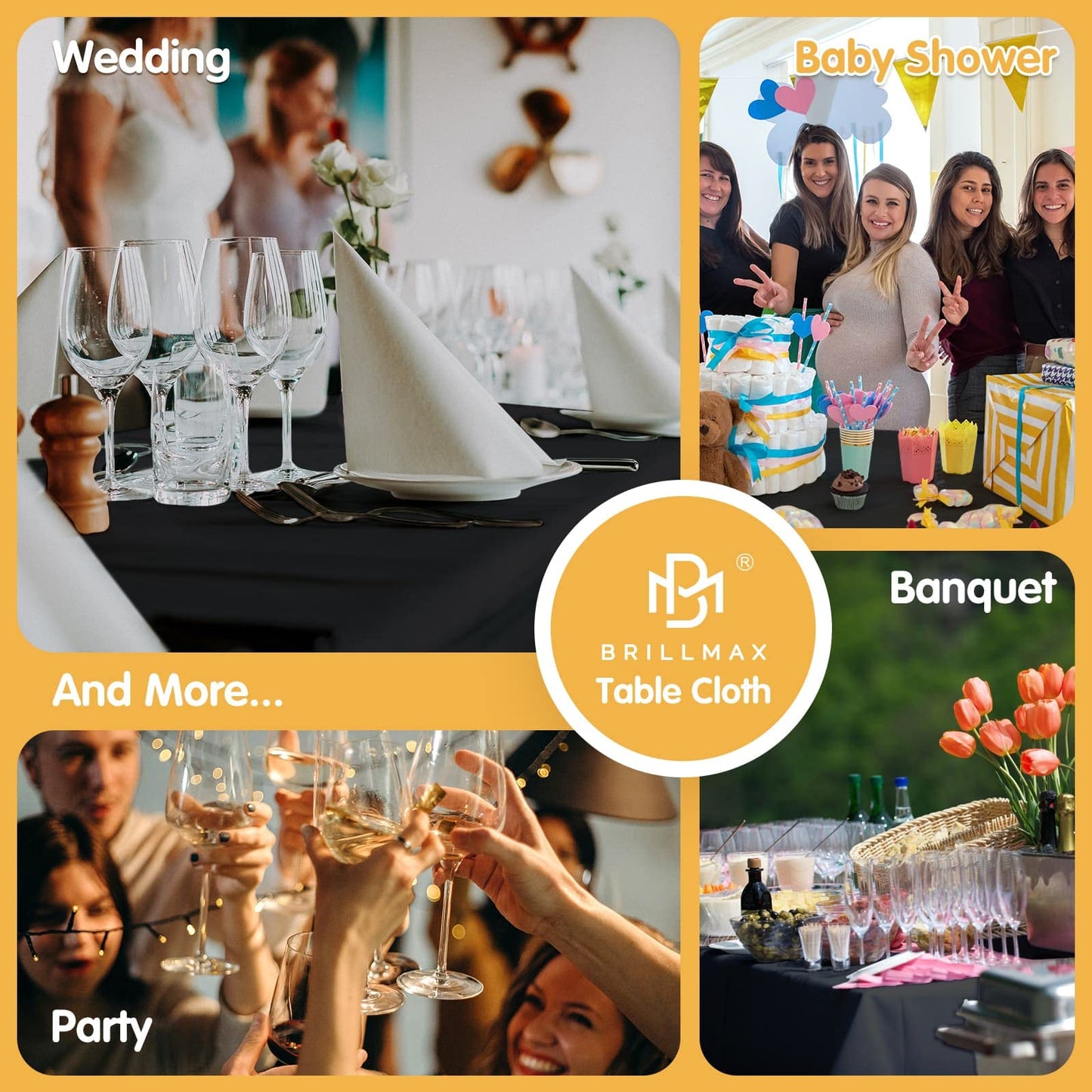 BRILLMAX 6 Pack Black Tablecloths 60 x 126 Inch for 8ft Rectangle Tables - 150 GSM Polyester Fabric, 15" Standard Drop, Water, Stain & Wrinkle Resistant Cloth Cover for Wedding Banquet Dining Buffet