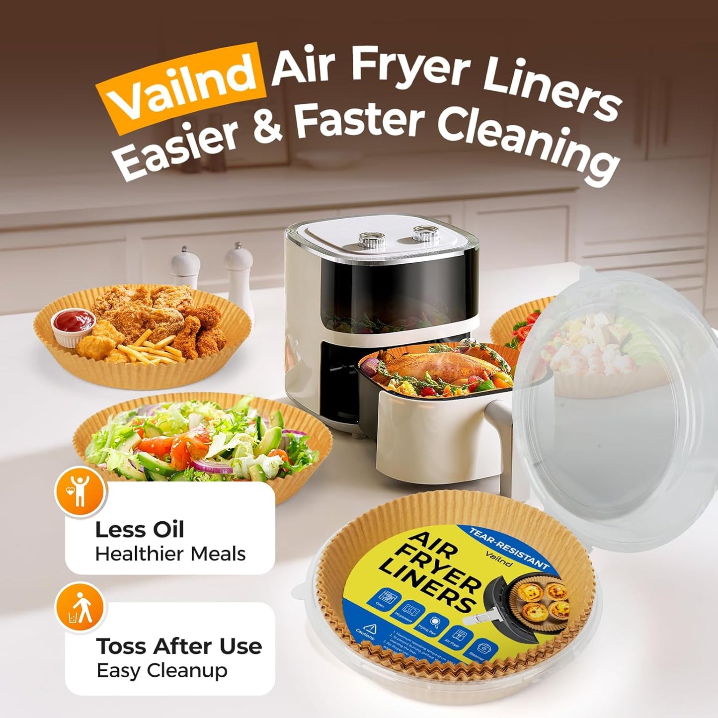 Vailnd Air Fryer Paper Liners - 405 PCS Non-Stick Parchment for 5-8 QT Baskets | Waterproof & Oil-Proof