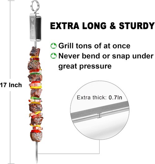 GRILLART Kabob Skewers - Stainless Steel BBQ Skewers with Slider | 17" Flat Skewers for Meat, Shrimp & Veggies (10PCS)