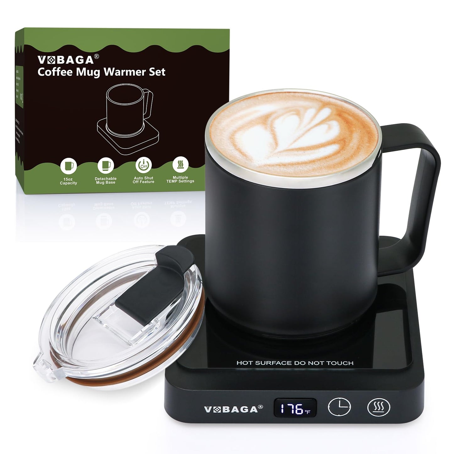 VOBAGA Mug Warmer with 15oz Mug Set, Smart Coffee Mug Warmer for Desk with 5 Temp Settings & 2-12H Auto Shut Off, Coffee Warmer for Candles, Coffee, Cocoa, Milk, Best Coffee Gifts for Men Women