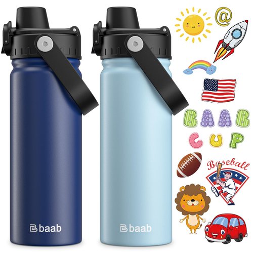 baab 18oz Kids Water Bottle, Insulated Kids Water Bottle with Lockable Spout Lid & Stickers, 18/8 Stainless Steel Vacuum Leakproof Kid Water Cup with Handle for School (Navy Blue+Light Blue, 2 Pack)