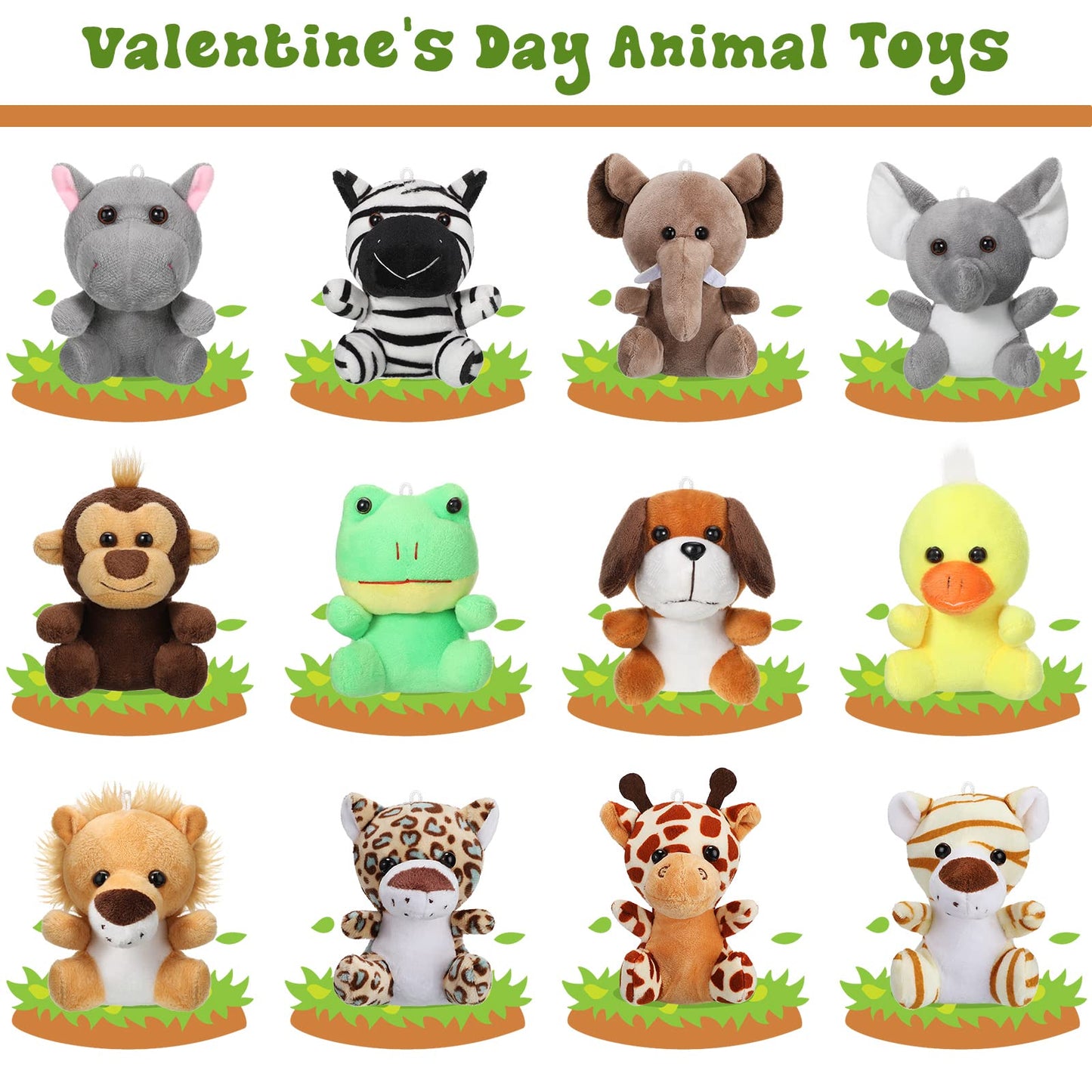 Skylety 12pcs Mini Safari Stuff Animal 3.9 Inch Cute Jungle Stuffed Animal Lion Rabbit Owl Hedgehog Monkey Tiger Zebra Elephant Leopard Hippopotamus Rhinoceros for Easter