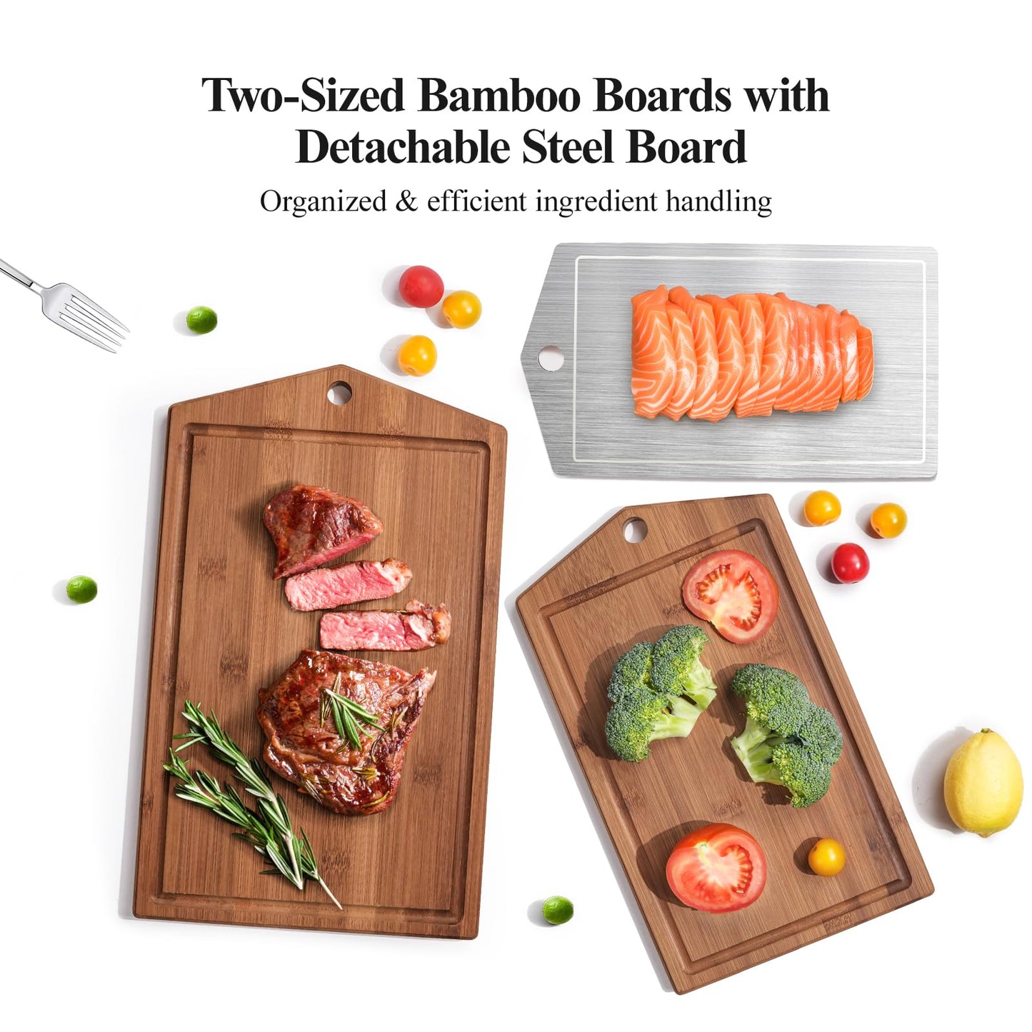 Maxboro Bamboo Cutting Board Set for Kitchen, Detachable Stainless Steel Design, Double Sided Chopping Boards with Deep Juice Well and Built-in Handles for Meal Prep and Serving, Ideal Kitchen Gift