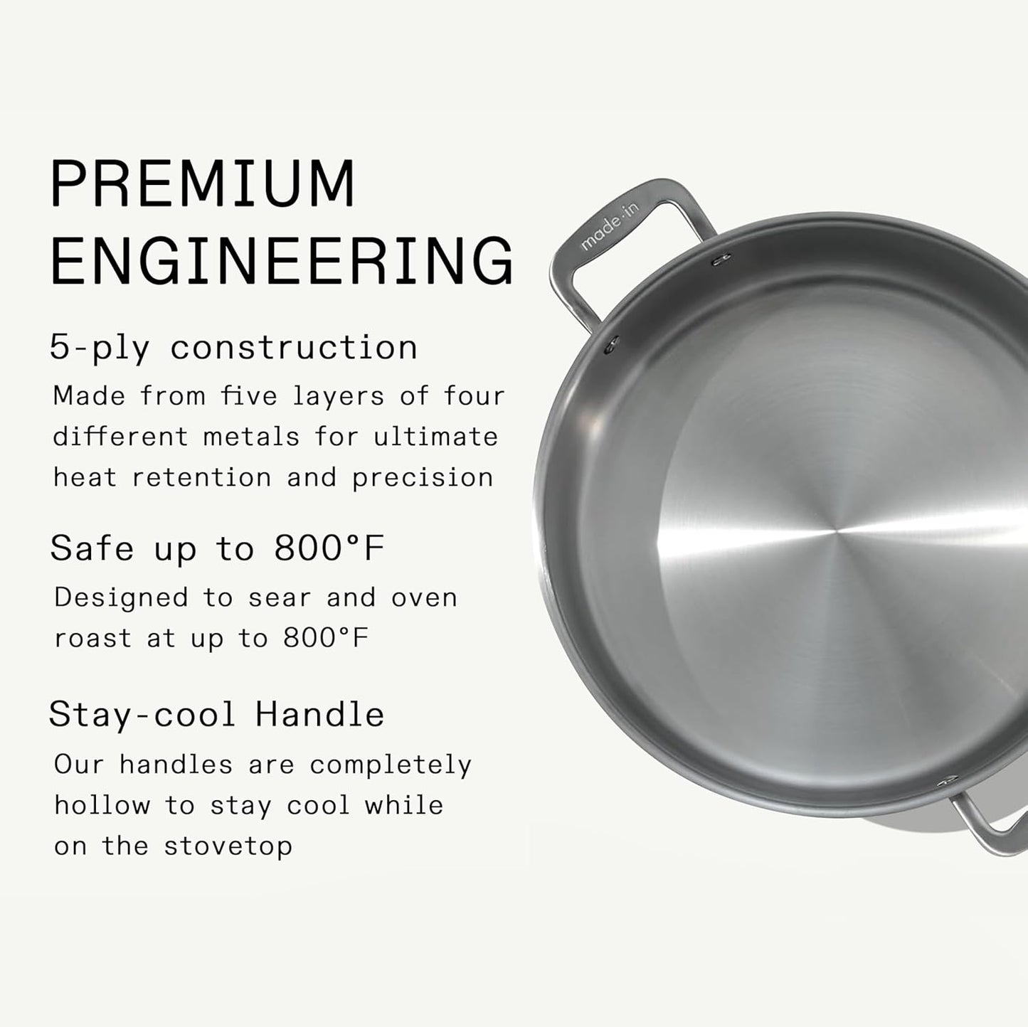 Made In Cookware | 10 Quart Stainless Steel Rondeau Pot with Lid | 5-Ply Clad Design | Induction Compatible