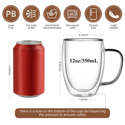 CNGLASS 6 Pack Double Walled Glass Coffee Mugs，12oz Clear Coffee Cups with Handle，Insulated Glass Espresso Mugs for Latte,Cappuccino,Tea