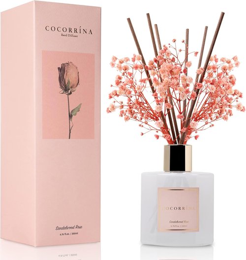 Cocorrína Premium Reed Diffuser Set - Sandalwood Rose with Preserved Baby's Breath | 6.7oz Home Fragrance Decor