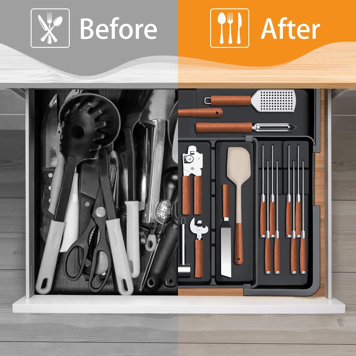 Skiennix Large Utensil Drawer Organizer - Expandable Silverware Holder with Removable Knife Block | Black