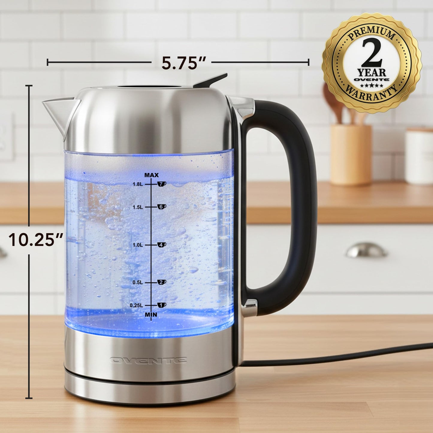 OVENTE Electric Kettle, 1500W No Plastic 1.8L Tea Kettle and Hot Water Boiler For Coffee or Tea, Easy to Fill Lid, Automatic Shut-Off, Borosilicate Glass with Stainless Steel Spout, Silver KG71S