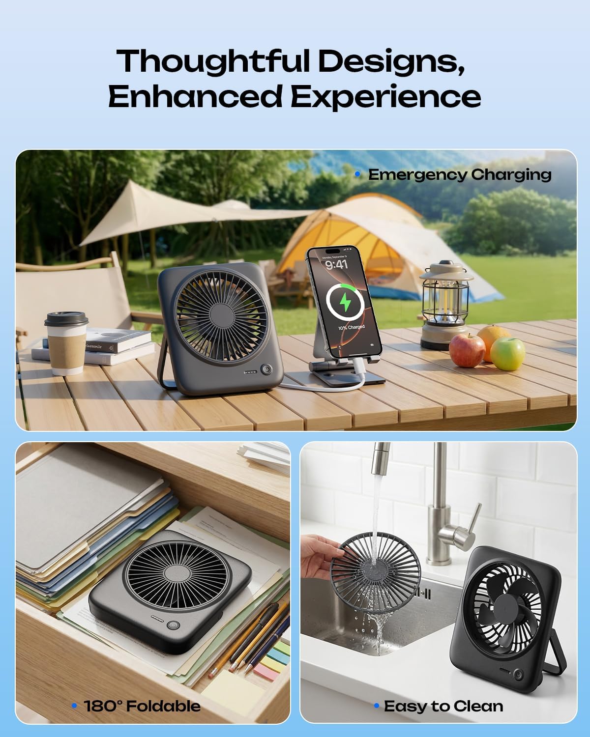 Otlonpe Portable Desk Fan - 4000mAh Rechargeable & USB Powered | Quiet 4-Speed, 6.5 Inch (Black)