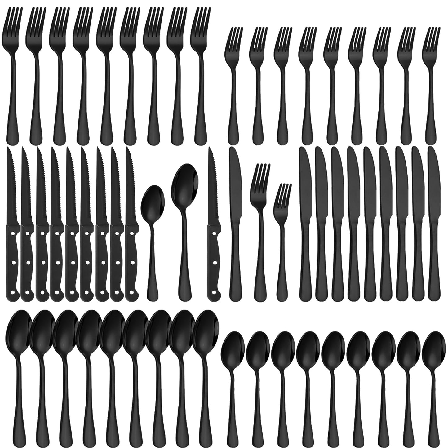 60-Piece Black Silverware Set with Steak Knives Black Stainless Steel Flatware Set for 10 Food Grade Tableware Cutlery Set Rust-proof, Mirror Polished, Dishwasher Safe