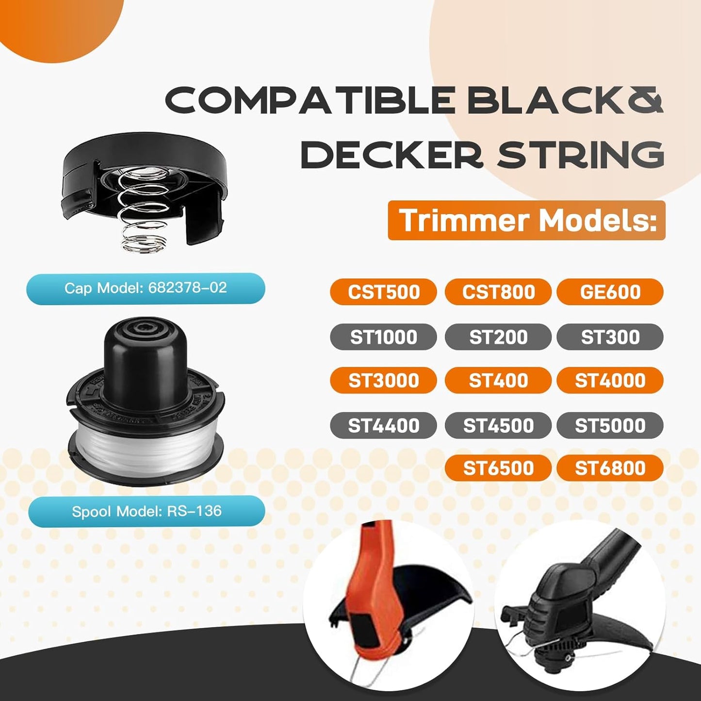 RS-136 Replacement String Trimmer Spool Line - 20ft 0.065" | Compatible with Black + Decker CST800, GE600, ST1000