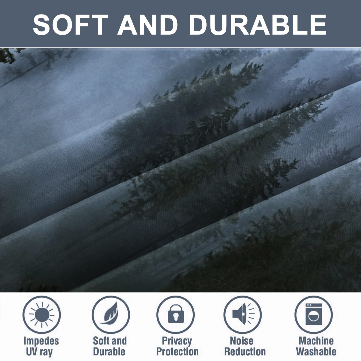 AWERT Blackout Curtains for Bedroom Light Blue Tree with Fog Nature Forest Curtains 2 Panels for Living Room Heat Blocking 42x84inch