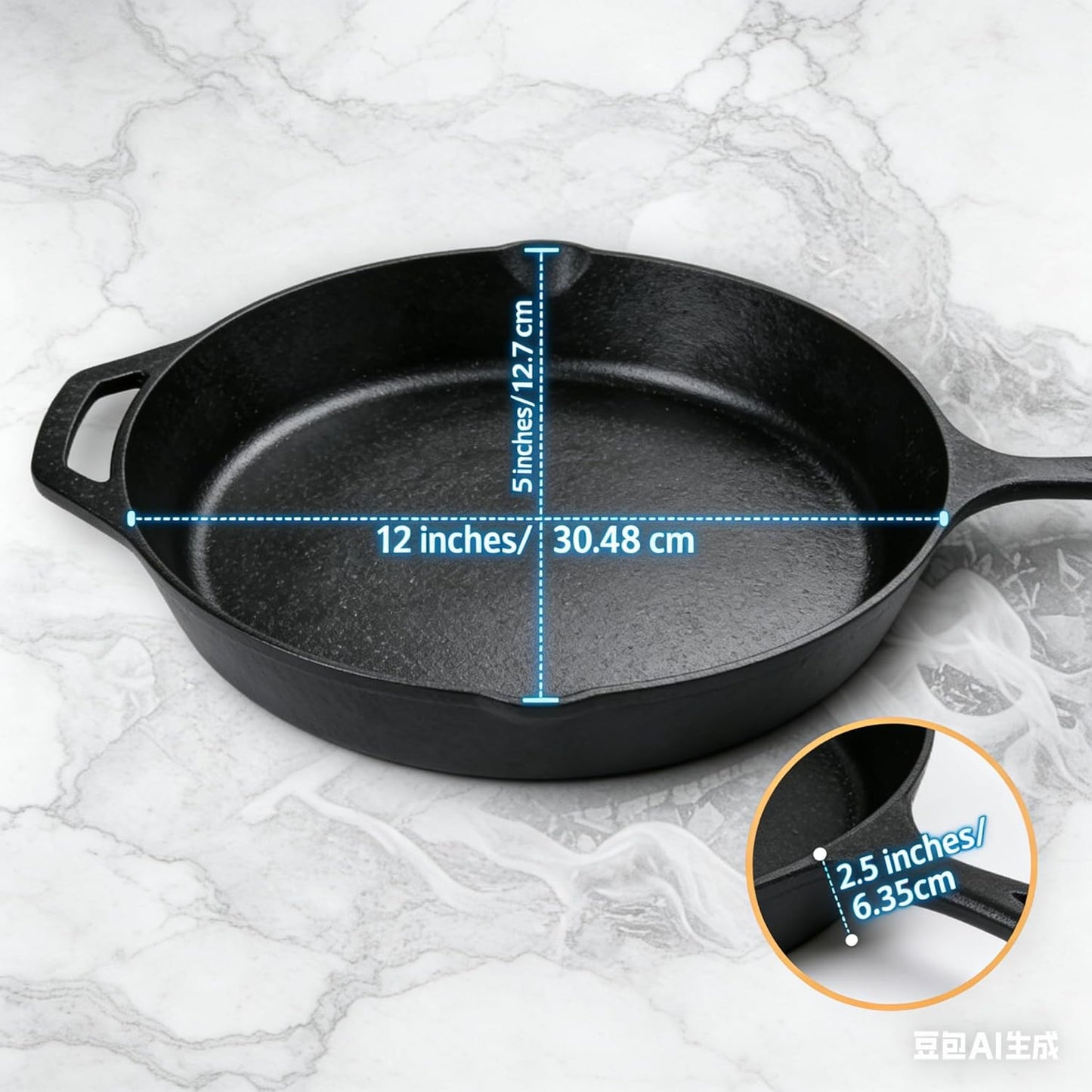 Skiennix Pre-Seasoned Cast Iron Skillet - 12.5 Inch Heavy Duty Non-Stick Cooking Pan with Dual Handles