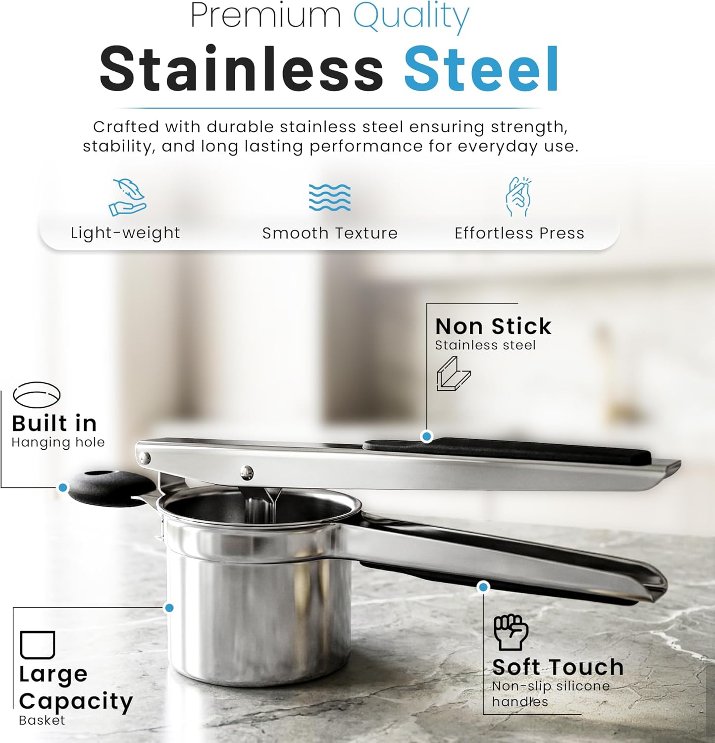 Potato Ricer - Heavy Duty Stainless Steel with 3 Interchangeable Discs & Non-Slip Handles | Perfect for Fluffy Mashed Potatoes, Black