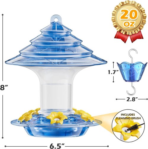 Birdream Hummingbird Feeder - 20 Oz Outdoor Feeder with 5 Bee Guard Ports & Ant Moat - Blue