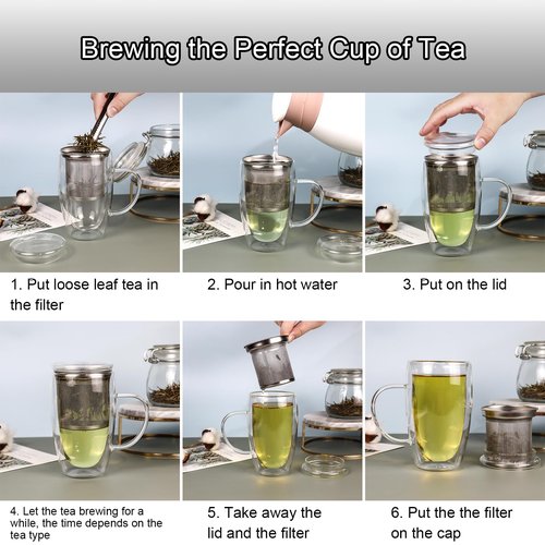 Almagic Double Wall Glass Tea Mug with Infuser and Lid, 14 oz / 400 ml Borosilicate Glass Tea Cup with 304 Stainless Steel Fine Mesh Infuser, Durable Insulated Tea Cup, Gift for Tea Lovers