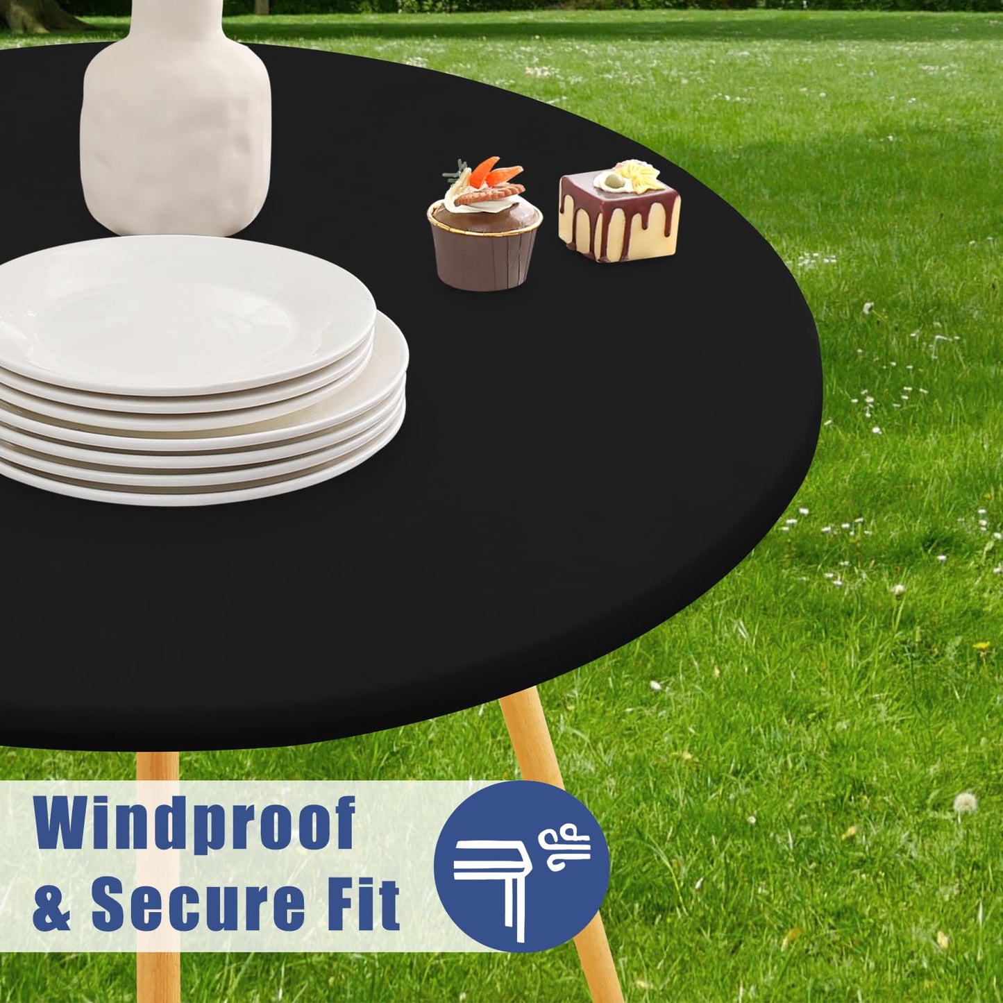 Moosfor Round Spandex Tablecloth, Elastic Fitted Waterproof Tablecloths for 45"-56" Tables, Stretch Washable Picnic Table Cover for Camping, Dining, Indoor and Outdoor, Black