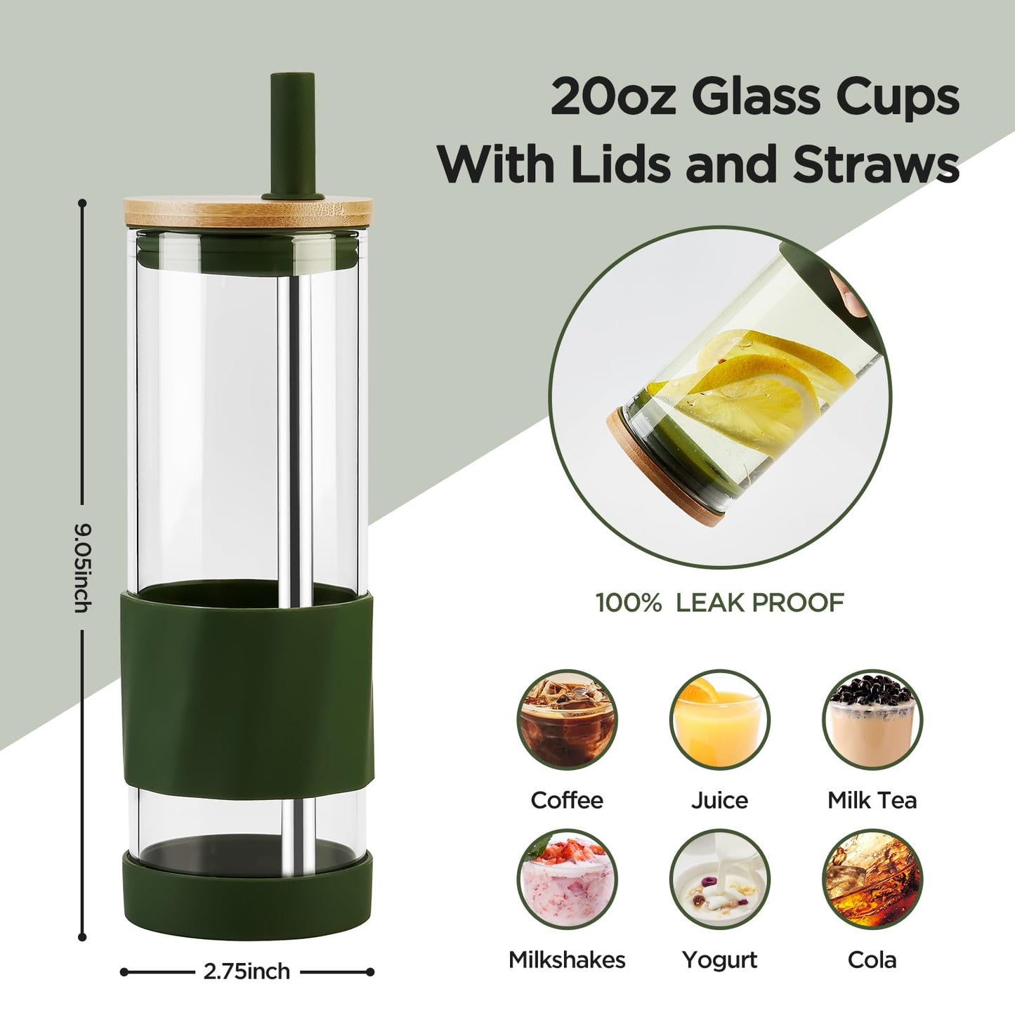Spreccio Glass Cups With Lids and Straws, 20oz Reusable Iced Coffee Cup, Olive Glass Tumbler with Silicone Sleeve, Perfect for Fruity Drinks, Iced Tea, or Smoothies