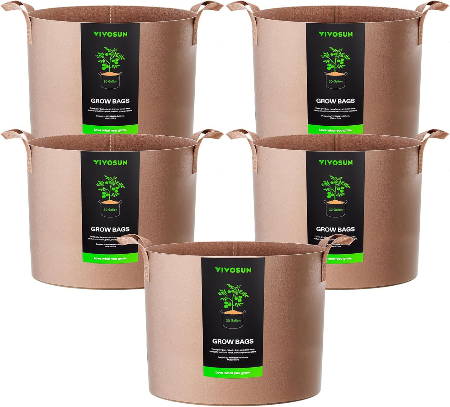 VIVOSUN 30 Gallon Heavy Duty Grow Bags - Thickened Nonwoven Fabric Pots with Strap Handles | Tan - 5-Pack