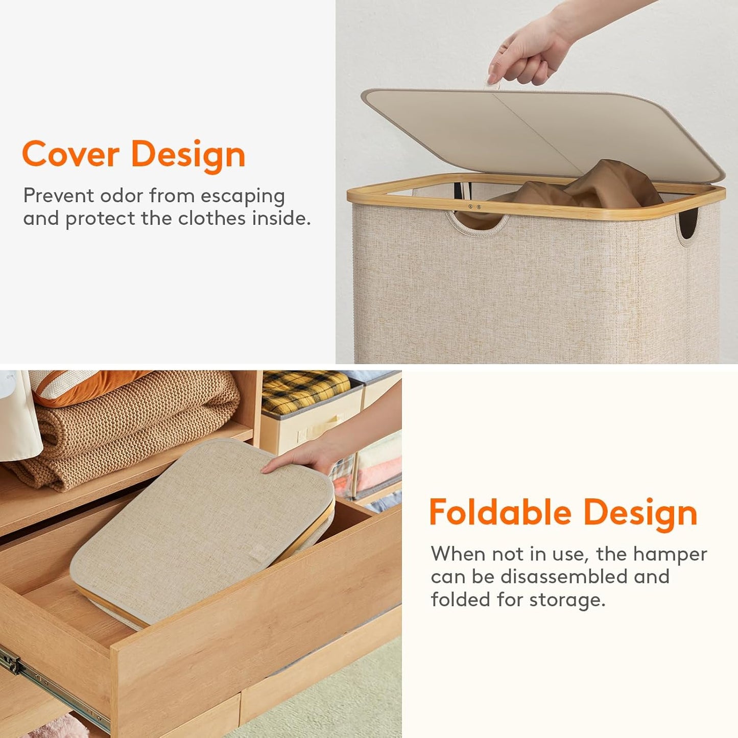 Lifewit 150L Laundry Basket - Foldable Hamper with Lid & Bamboo Handles | Beige, Large Size