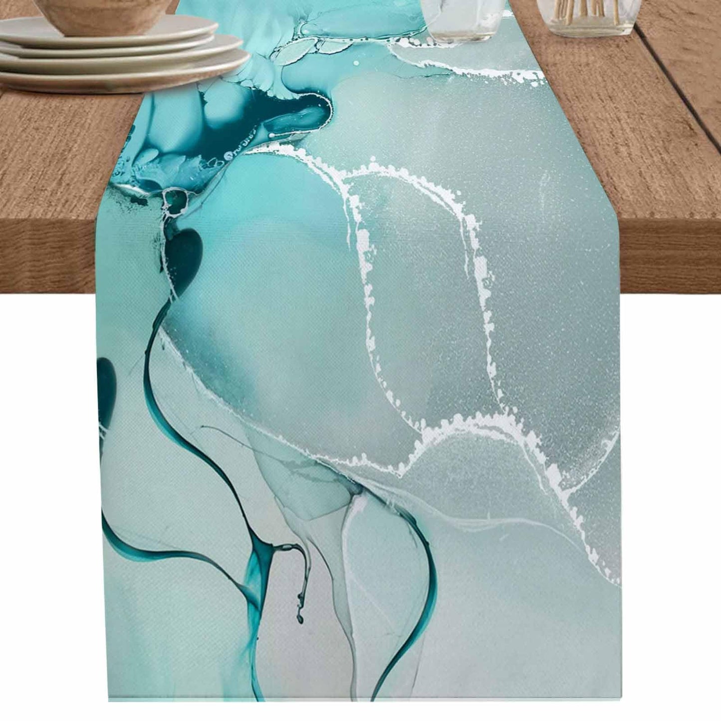 Marble Turquoise Teal Aqua Table Runner 90 Inches Long,Cotton Linen Modern Kitchen Dinner Dining Table Runners Decor Long Dresser Scarf,Burlap Tablerunner for Coffee/Dining/Party/Wedding Table