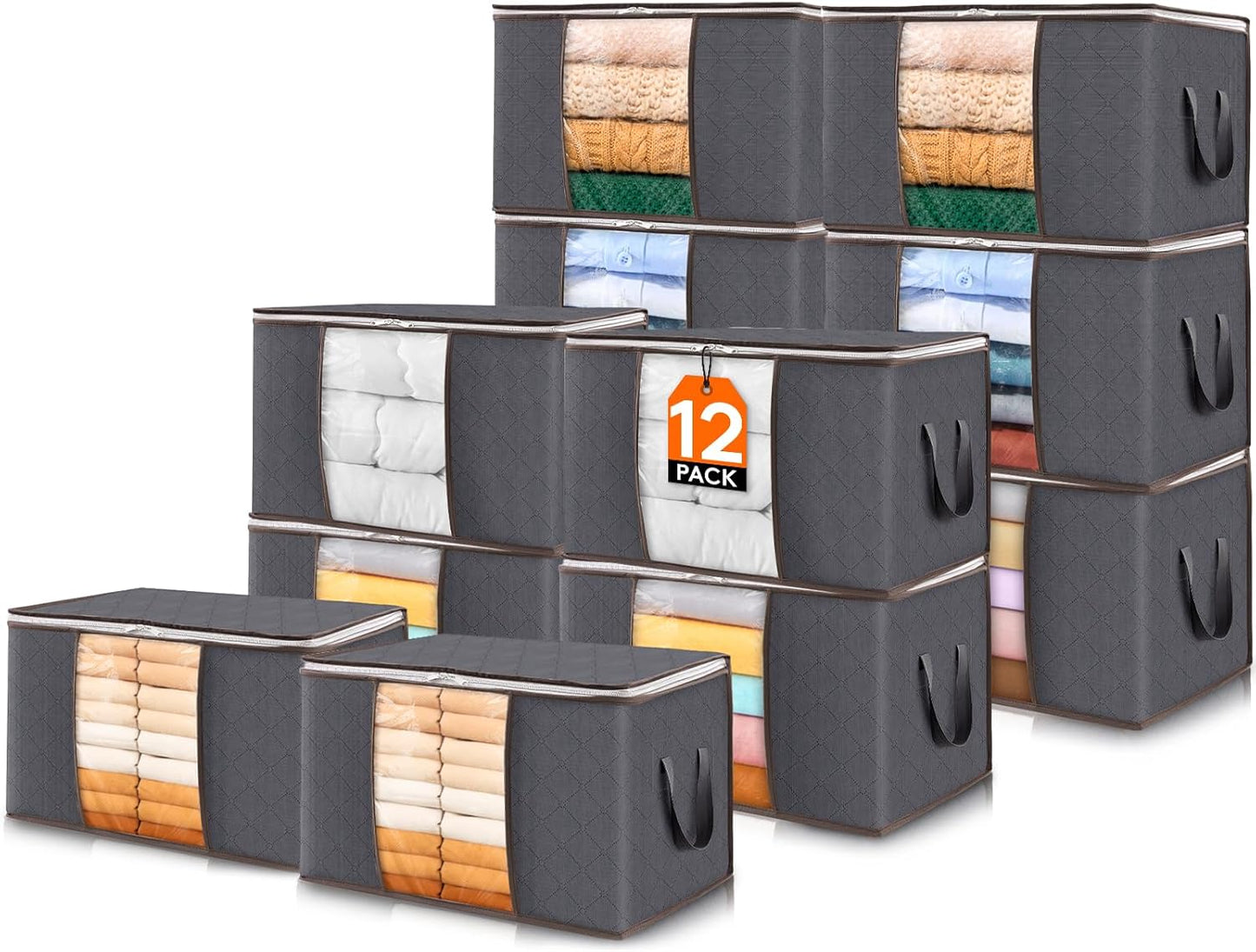 Lifewit 60L Clothes Storage Bins - 12 Pack Foldable Bags with Zippers & Clear Windows | Ideal for Organizing Clothing & Bedding