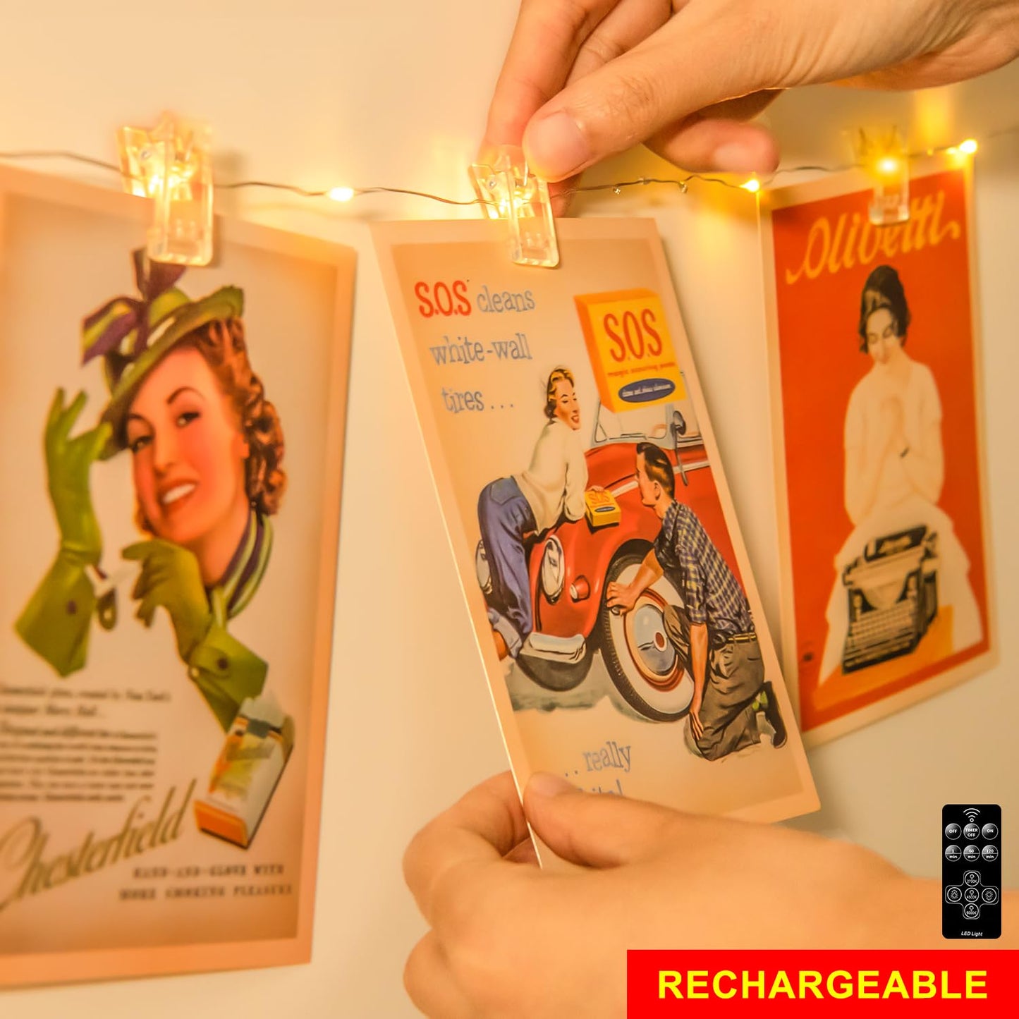 17FT 100LEDs Rechargeable Photo Clips String Light,Remote Control,3 Off Timer,Tangle-Free,Detachable Battery Operated Fairy Lights,Dorm Room Essential for Girl,Christmas(Cool+Warm White,1Pack)