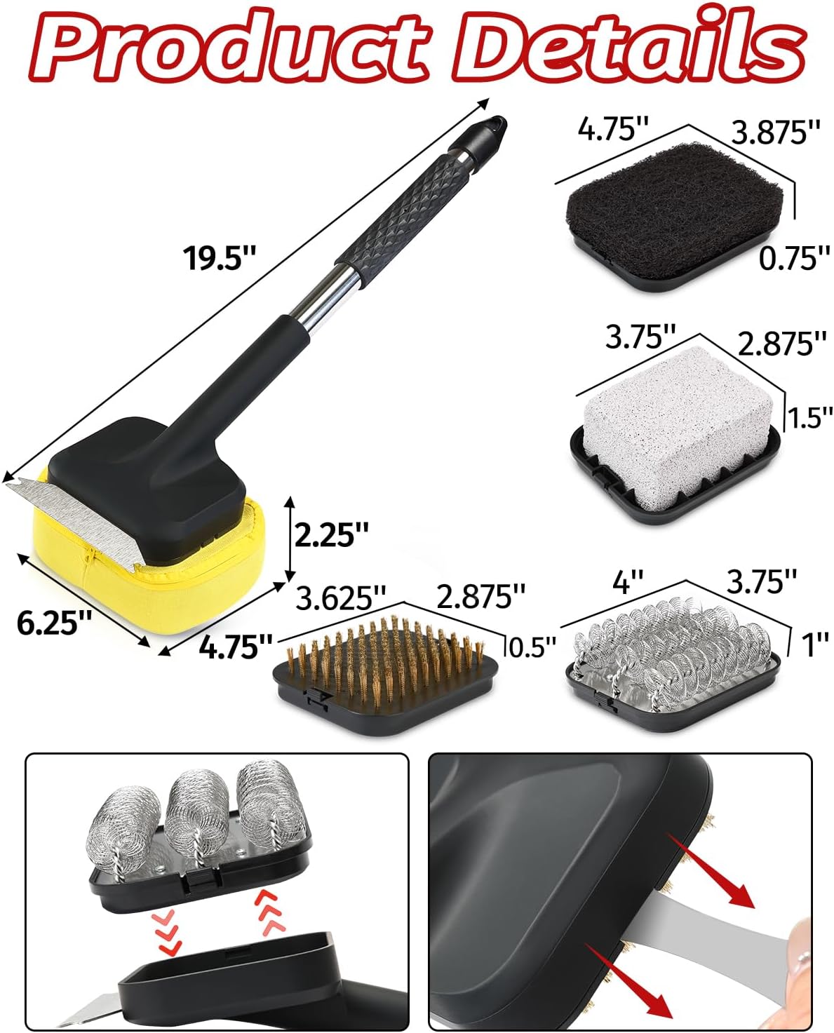 Skiennix BBQ Grill Cleaning Brush - Bristle-Free Design with 5 Replaceable Heads | 5-in-1 Cleaner Kit for Stainless Steel Grates