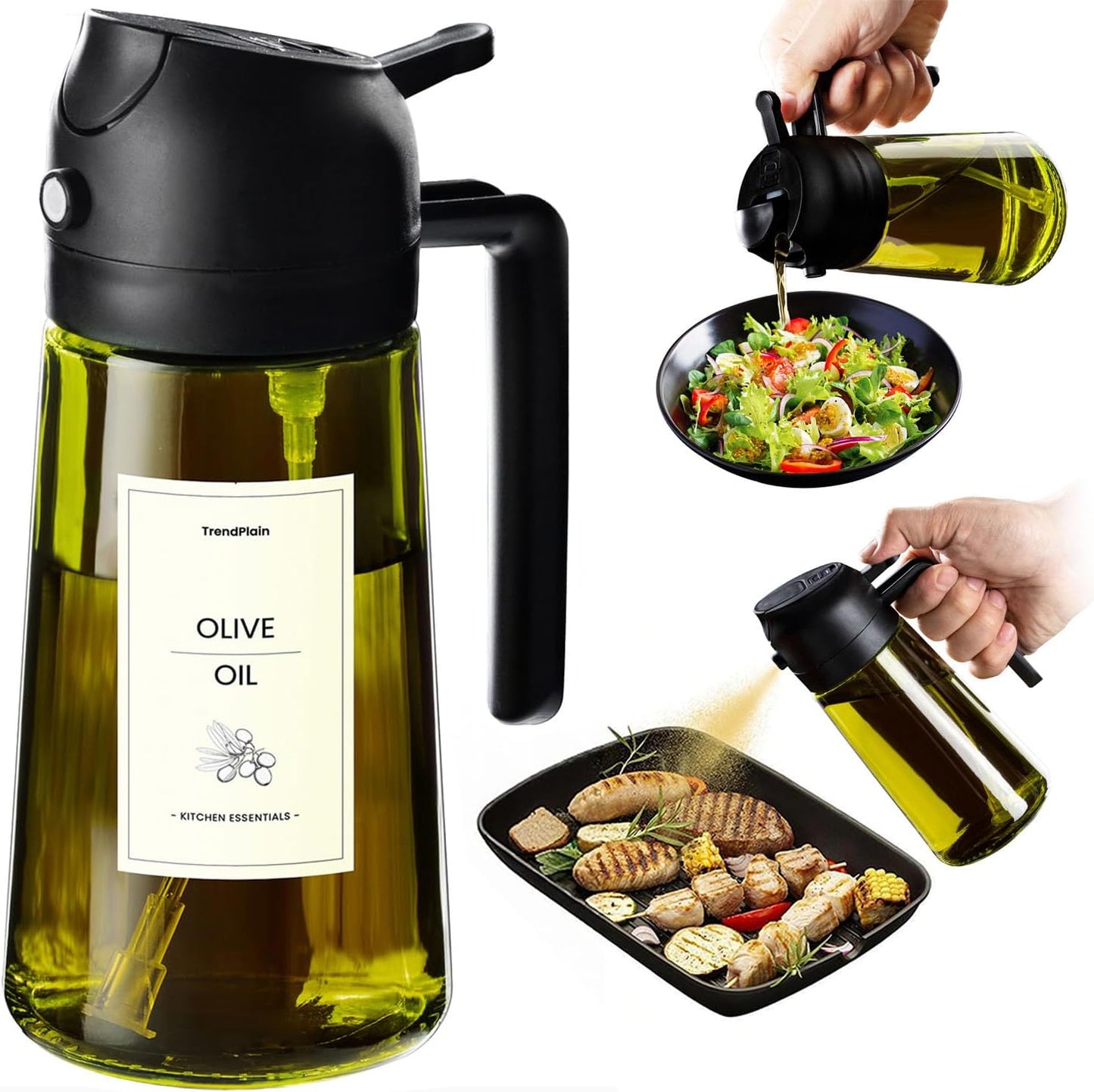 TrendPlain - Olive Oil Dispenser Bottle | 16oz Kitchen Gadget & Air Fryer Accessory - Black