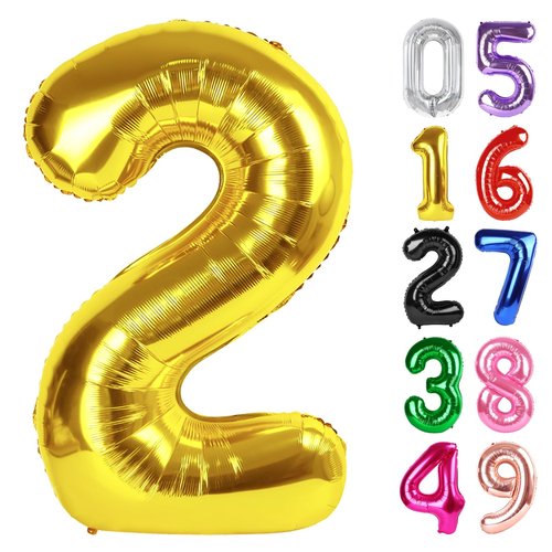 Gold Number 2 Balloon 40 Inch, 2nd Birthday Decoration for Toddlers Girls Boys, Sparkling 2 Number Balloon Party Decor
