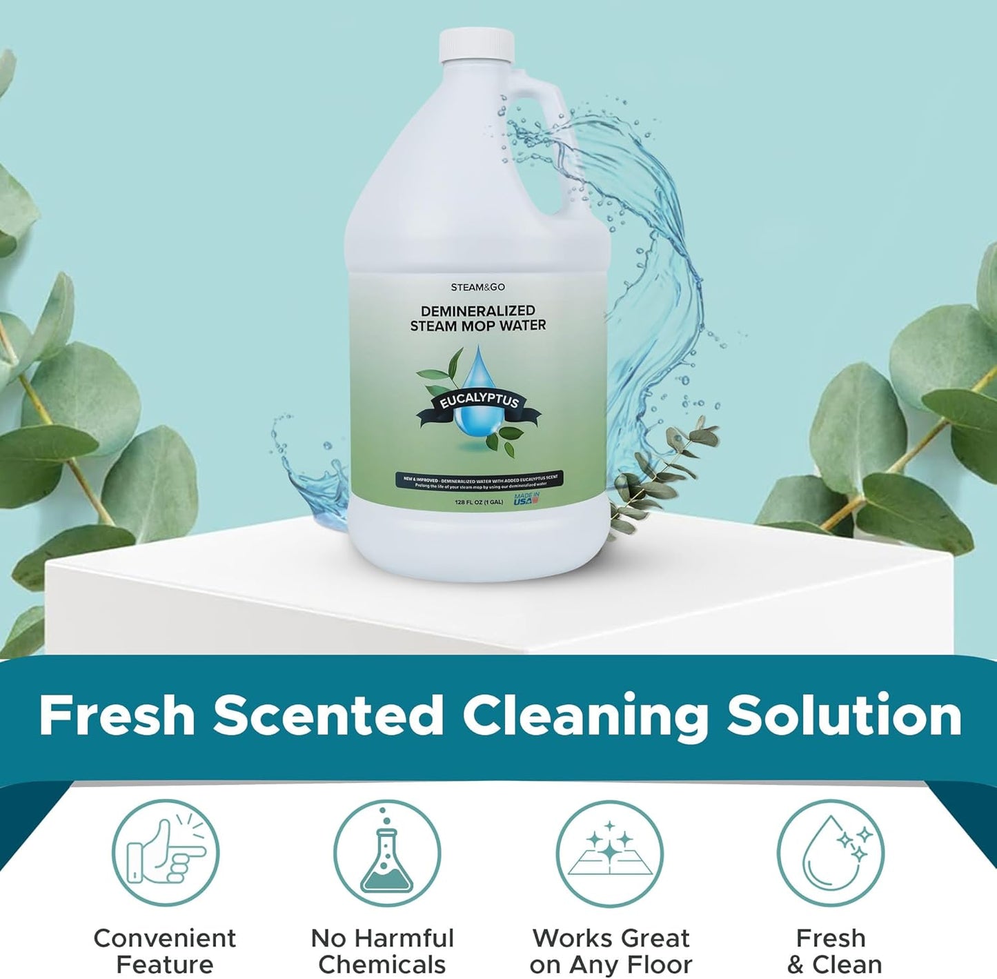 Steam & Go Demineralized Water - Ready-to-Use Multi-Surface Steam Mop Cleaner | Eucalyptus Mint, 128oz